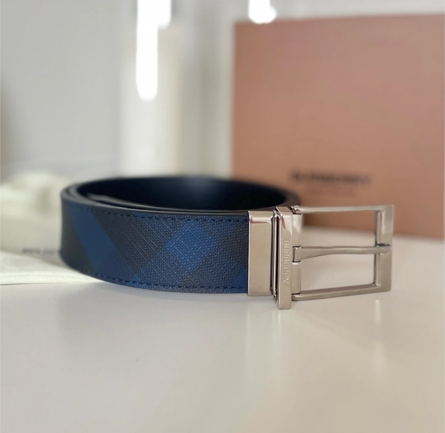 Burberry Reversible Black & Navy Check Belt