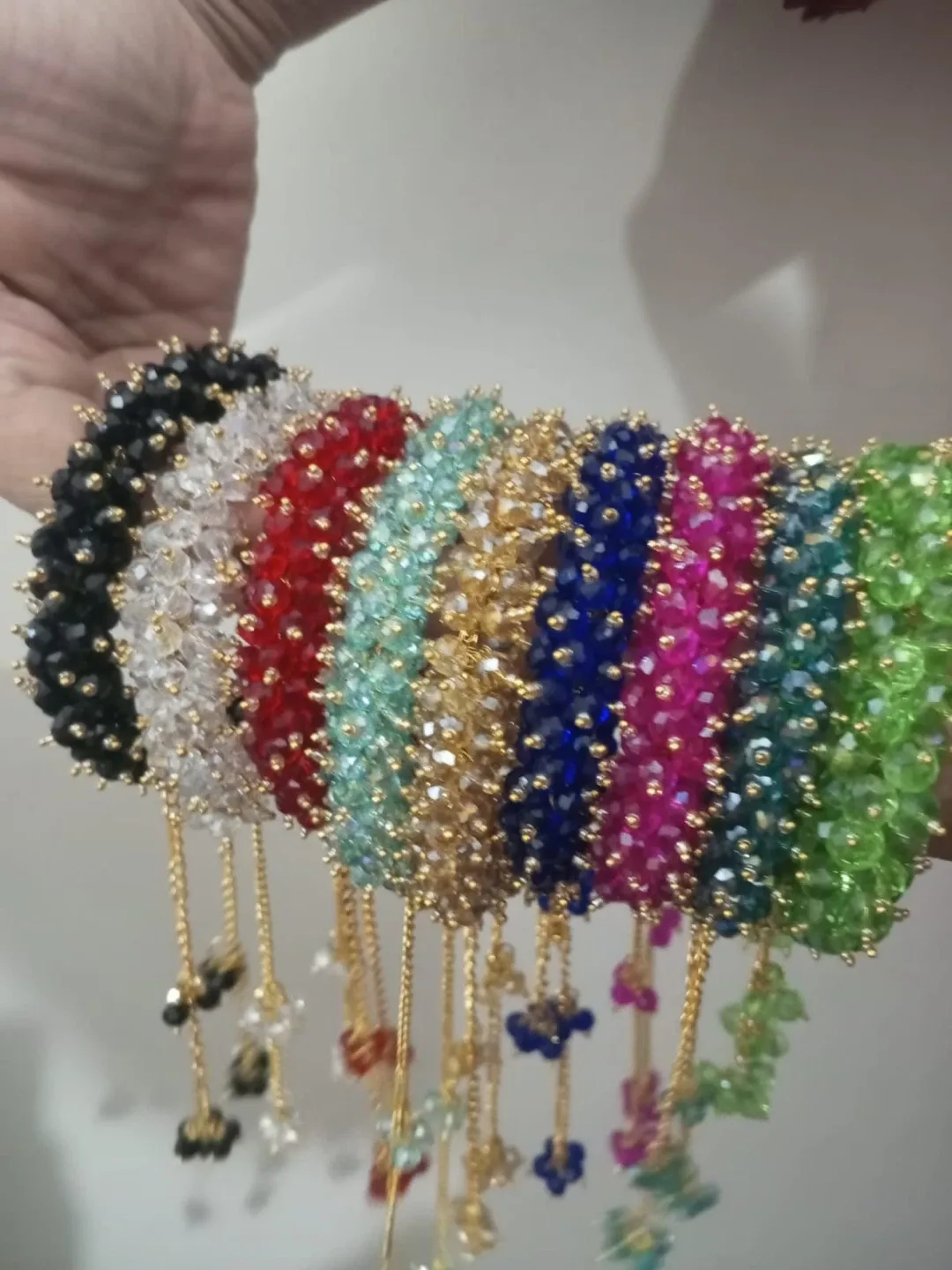 Handmade Crystal Beaded Bracelet with Chain Tassels