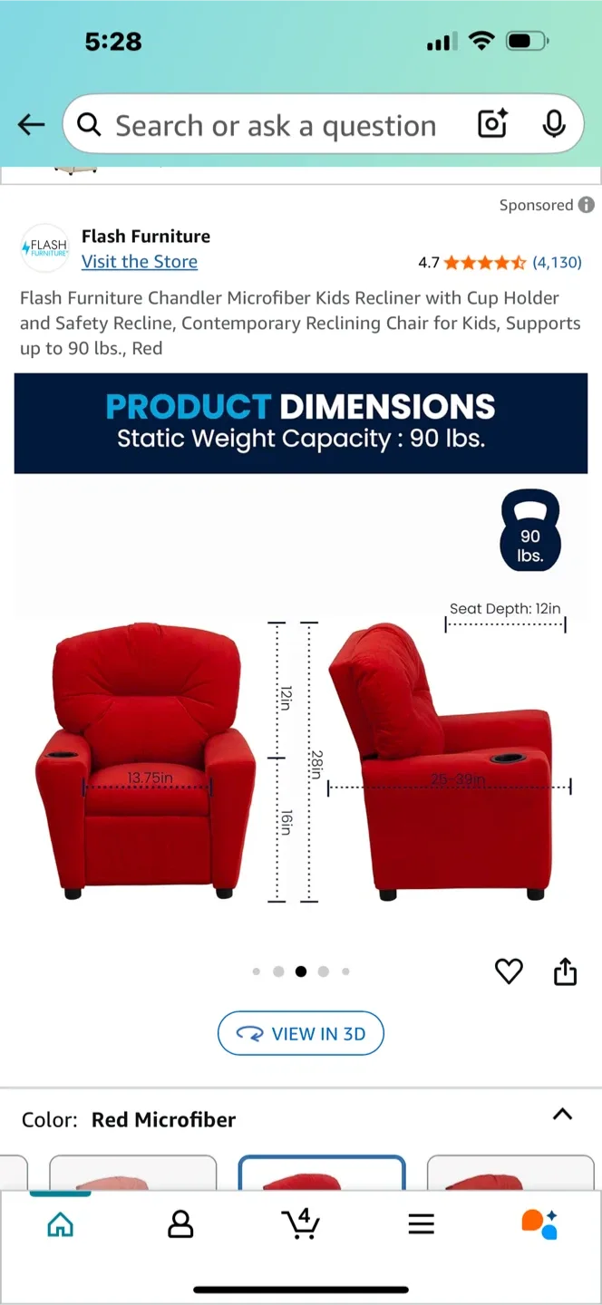 Flash Furniture Chandler Kids Recliner - Red Microfiber image indicator(3)
