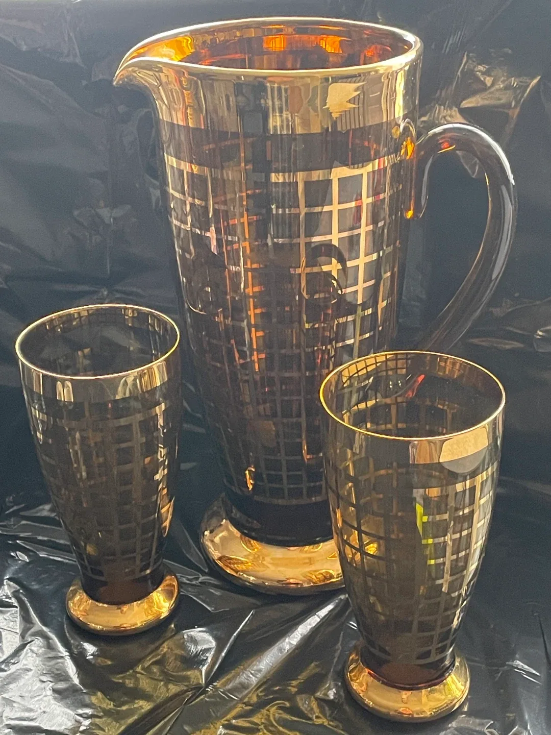 Vintage Pitcher and Tumbler Set - Gold Grid Pattern