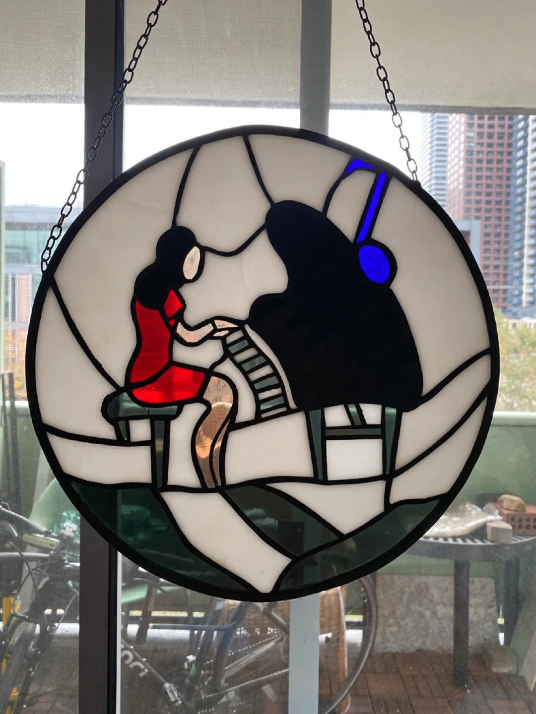 Beautiful Stained Glass Piano Player Window Hanging