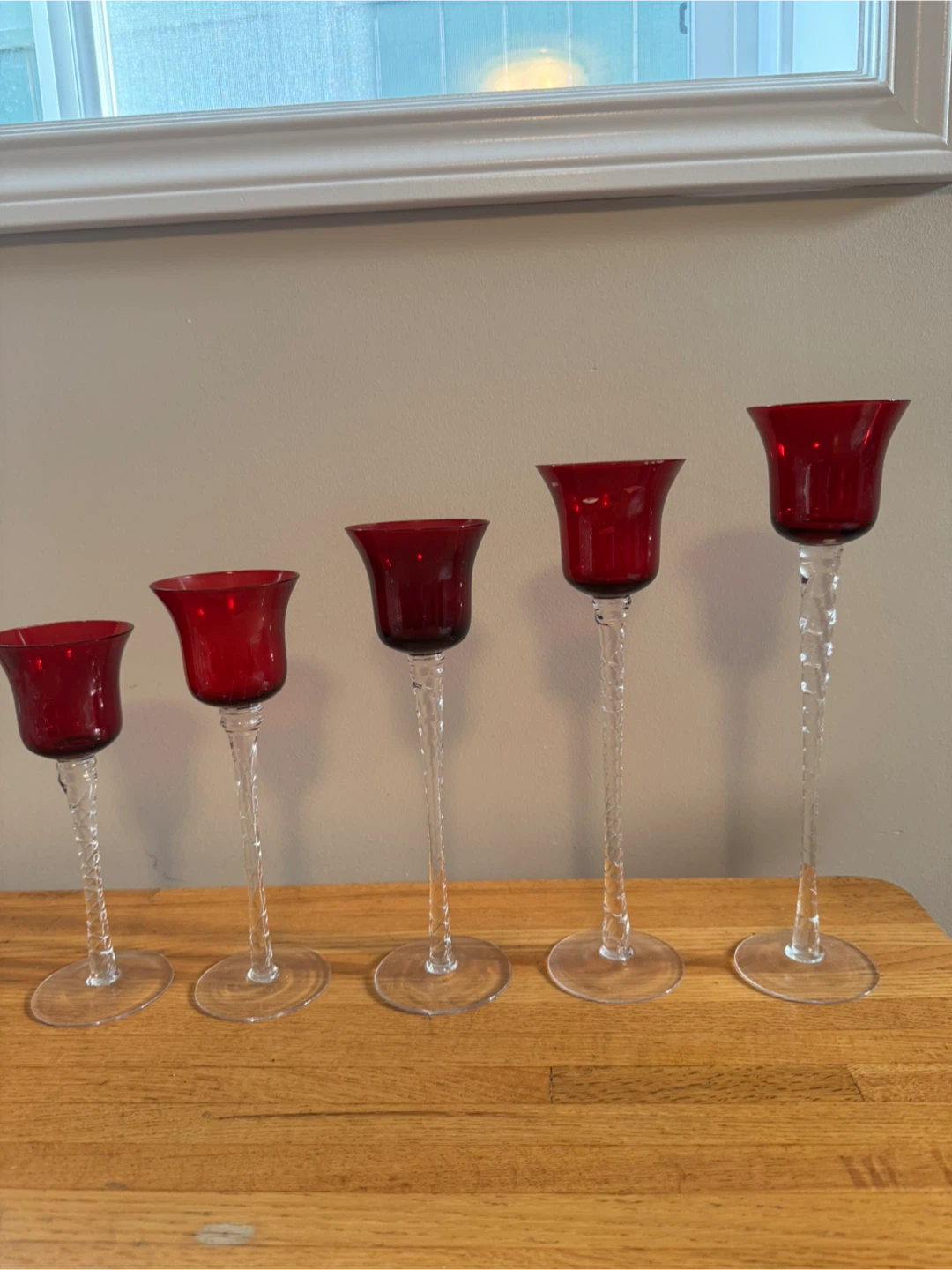 Red Glass Candlestick Holders, Set of 5