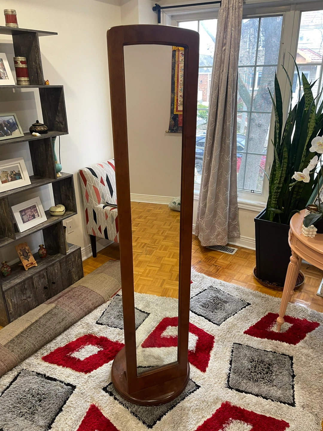 Rotating Coat Rack with Mirror - Brown Wood