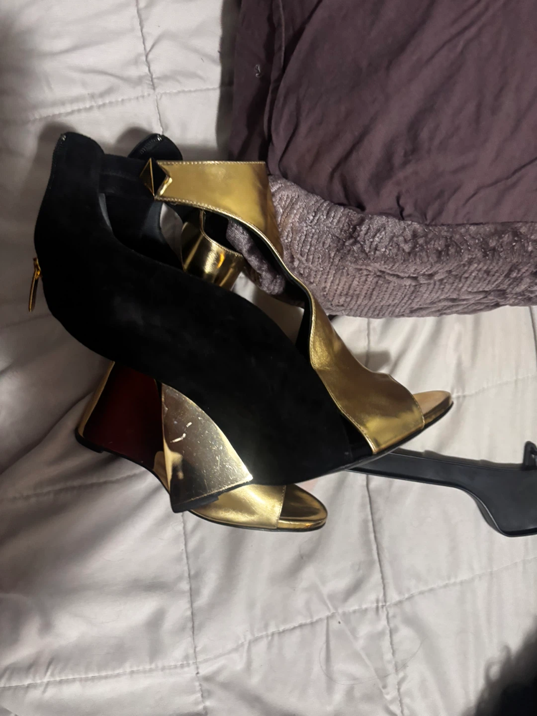Black & Gold Wedge Heel Shoes
