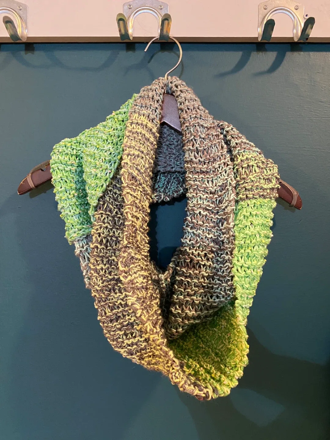 Handmade Knitted Infinity Scarf - Green & Grey