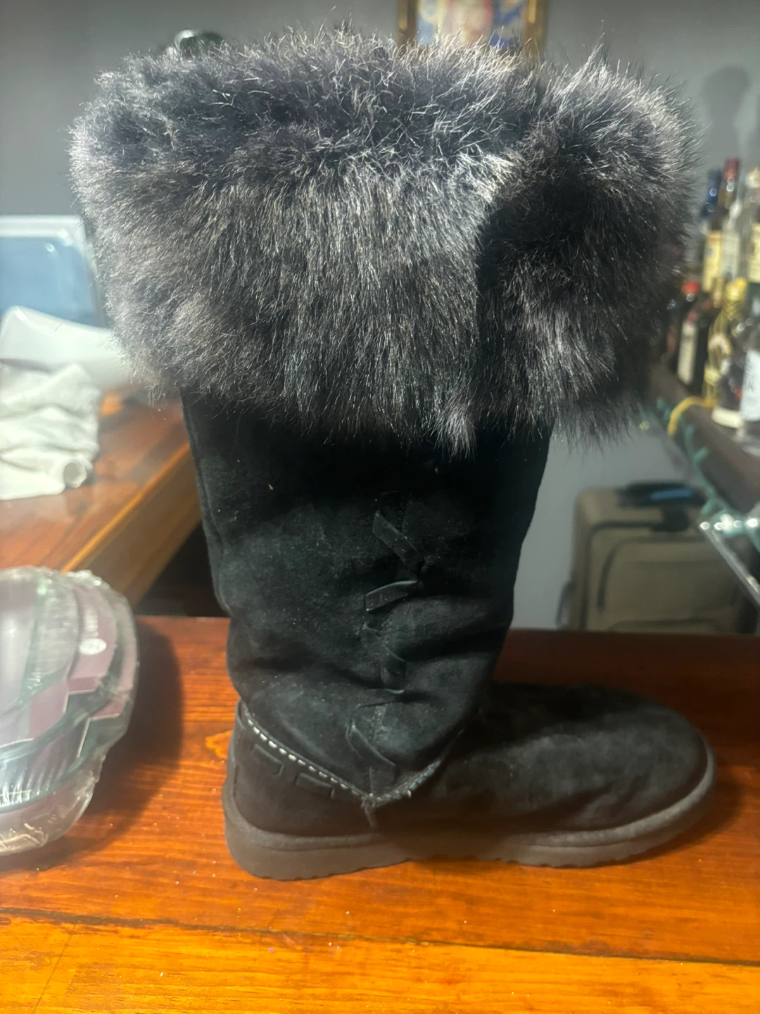 UGG Black Suede Boots with Fur Trim
