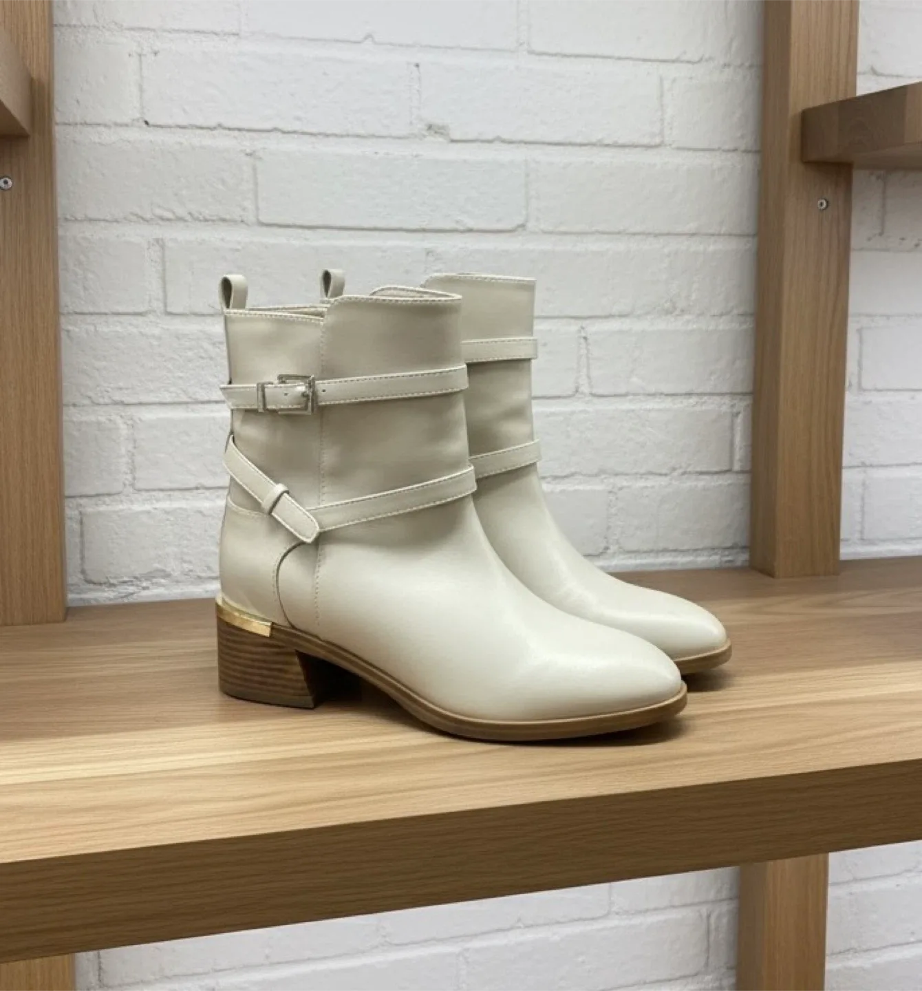 Cream Ankle Boots with Buckle Straps