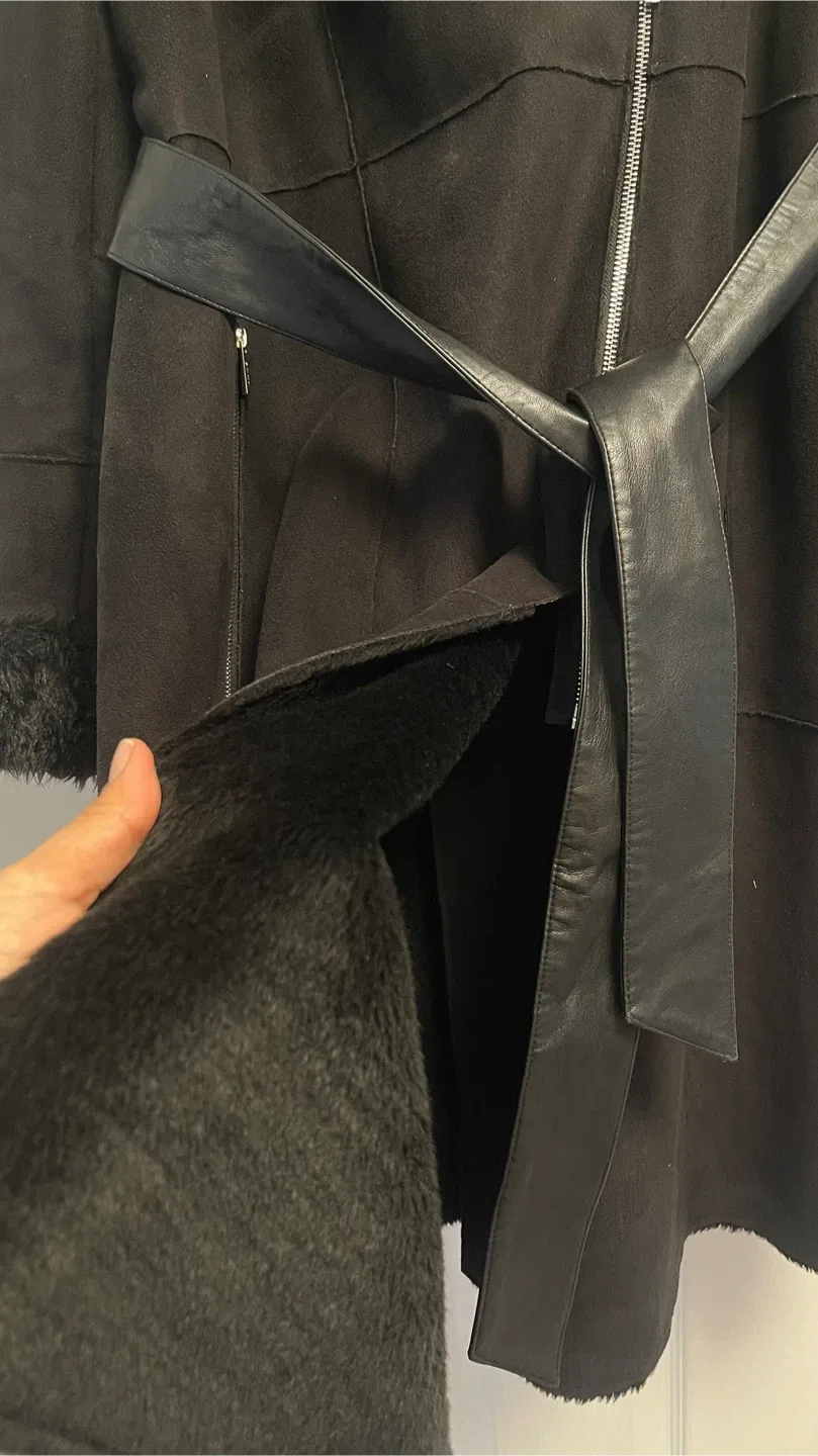 DKNY Black Faux Fur Trim Coat - Size XL image indicator(3)