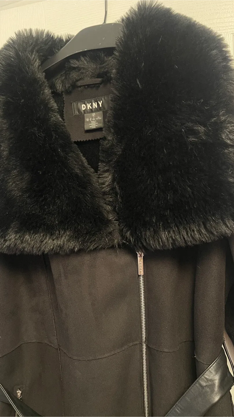 DKNY Black Faux Fur Trim Coat - Size XL image indicator(2)
