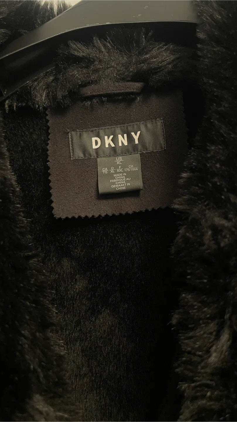 DKNY Black Faux Fur Trim Coat - Size XL image indicator(4)