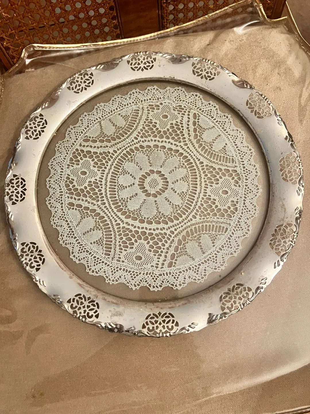 Silver Decorative Tray with Lace Design image indicator(2)