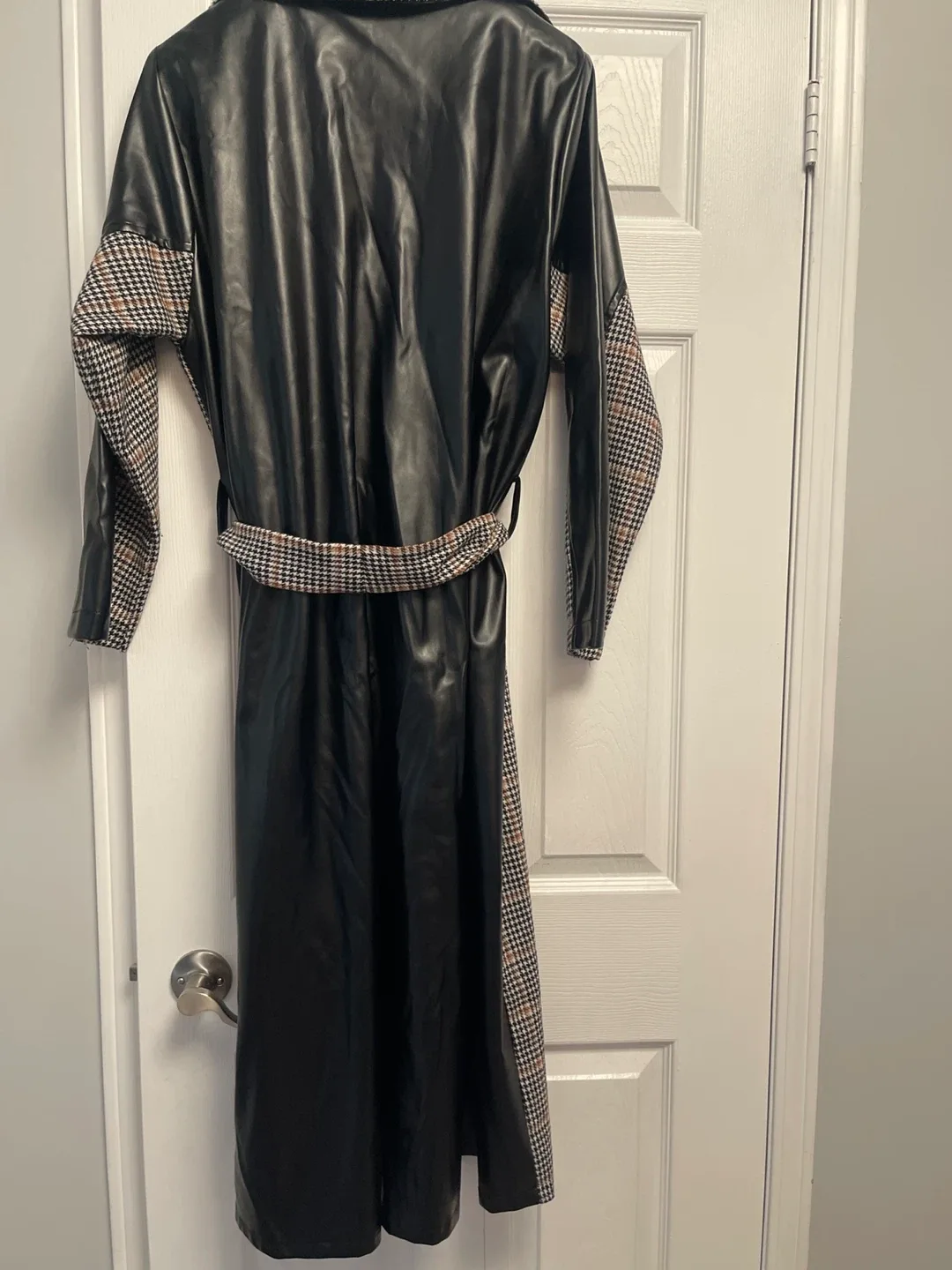 Black Leather & Plaid Trench Coat image indicator(2)