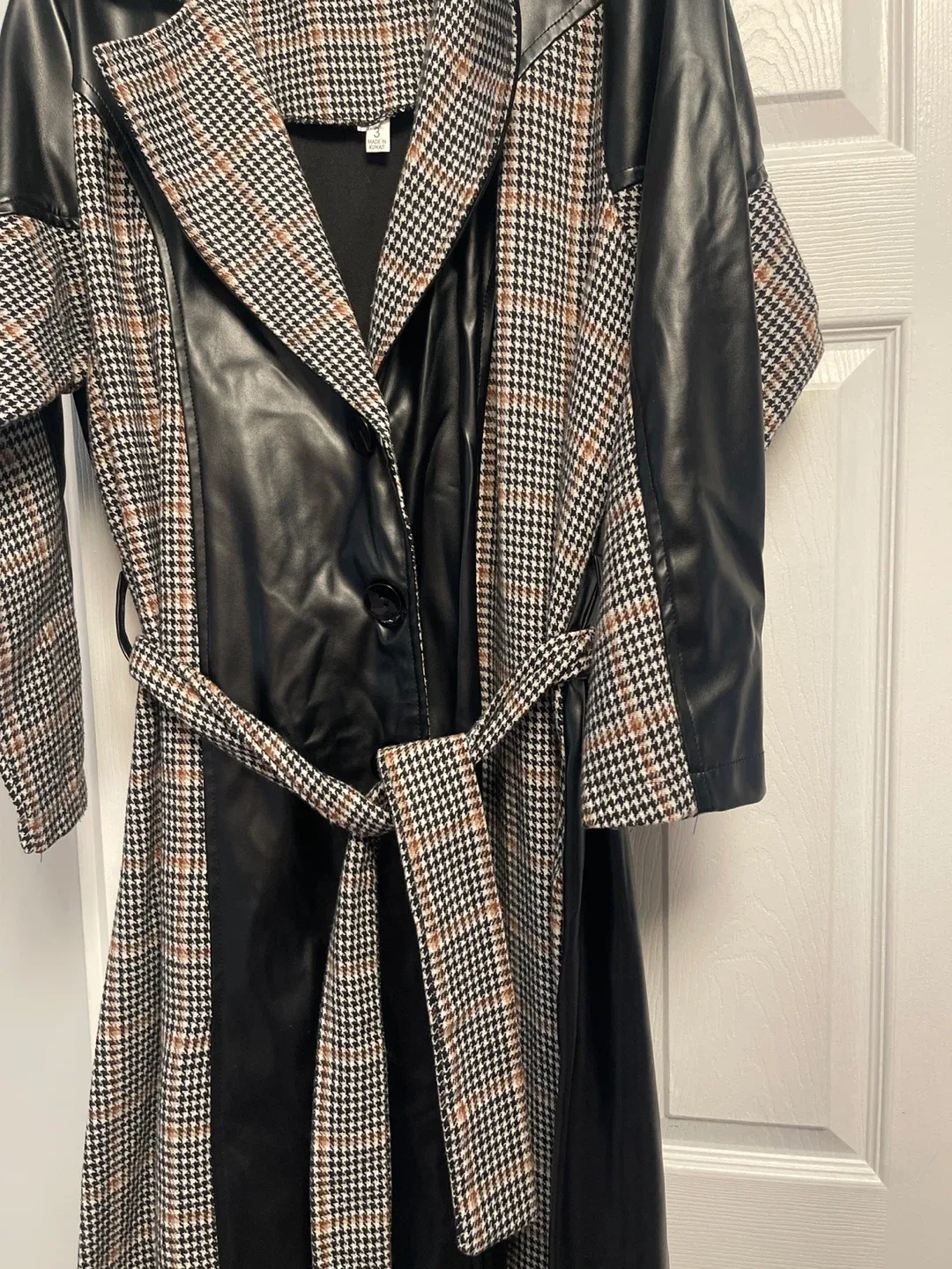 Black Leather & Plaid Trench Coat thumbnail