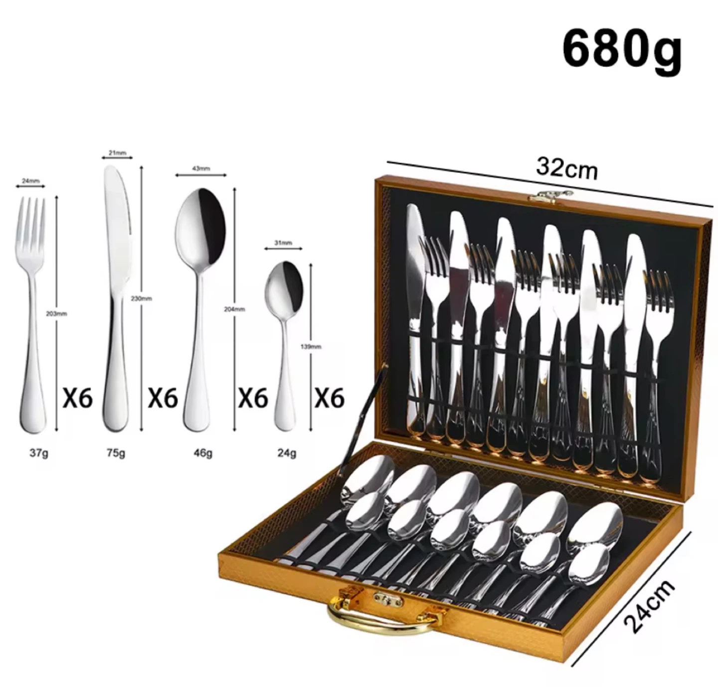 Silver Cutlery Set in Gold Case - 24cm x 32cm