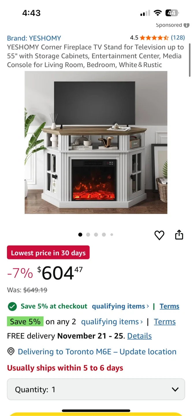 YESHOMY Corner Fireplace TV Stand - White & Rustic image indicator(5)