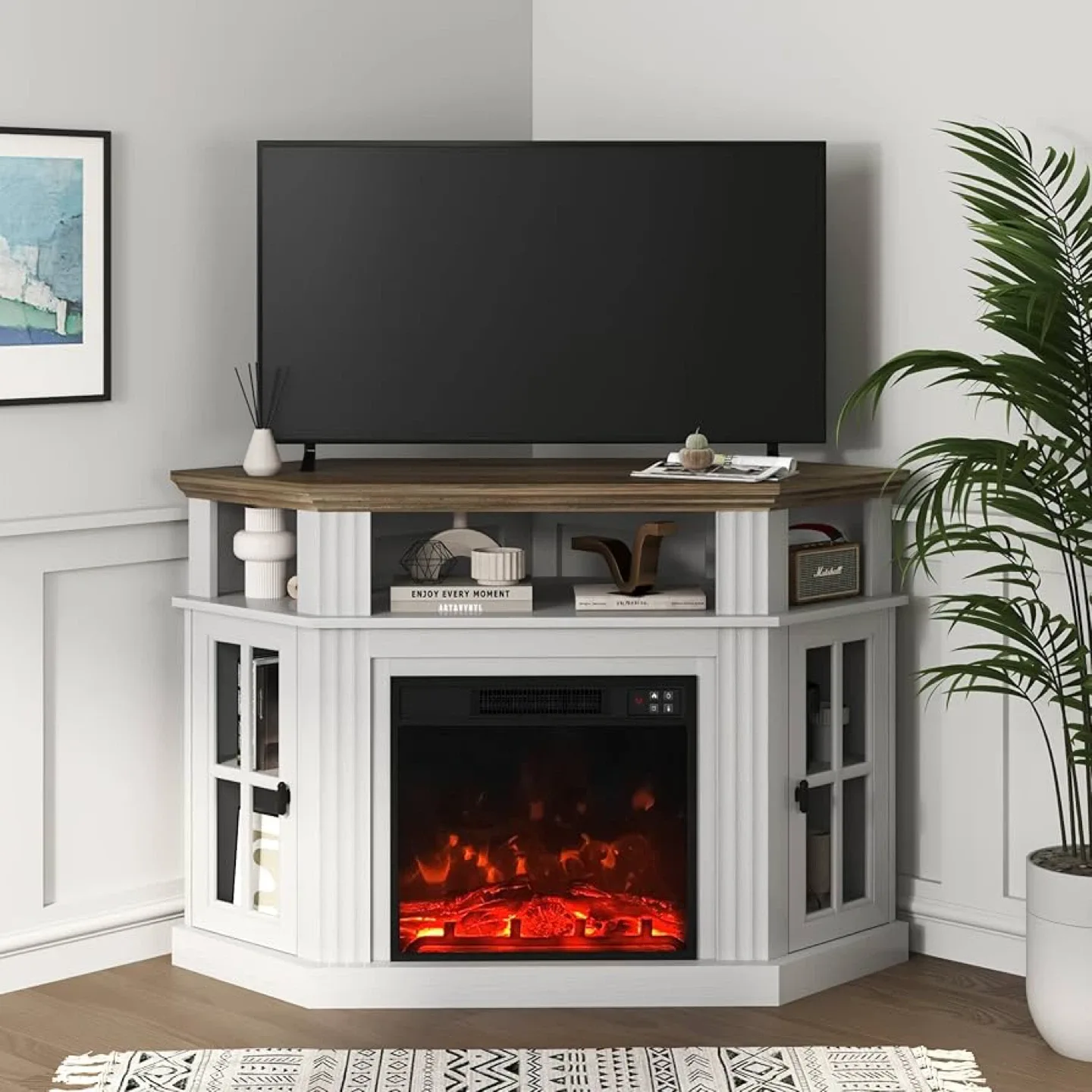 YESHOMY Corner Fireplace TV Stand - White & Rustic