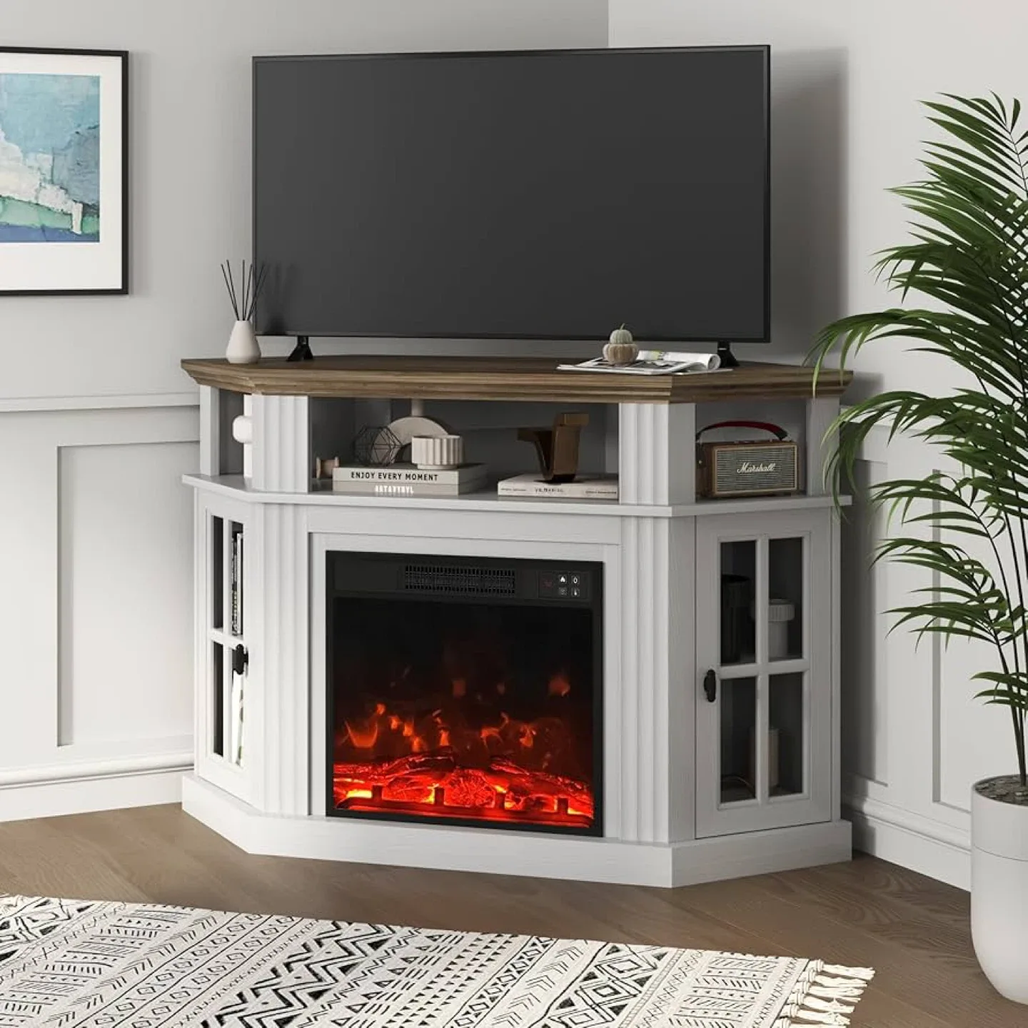 YESHOMY Corner Fireplace TV Stand - White & Rustic image indicator(9)