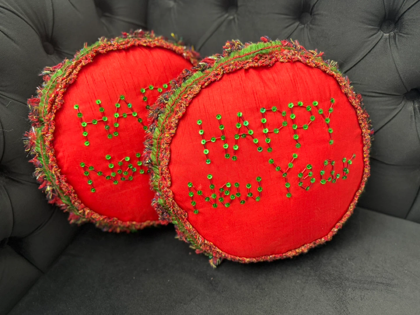 Hand made Red 'Happy New Year' Decorative Pillows (Set of 2)