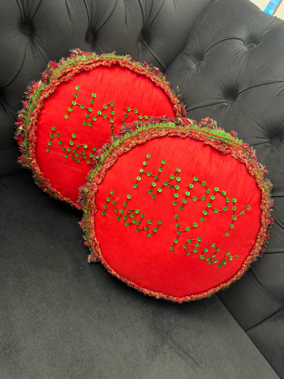 Hand made Red 'Happy New Year' Decorative Pillows (Set of 2) image indicator(2)