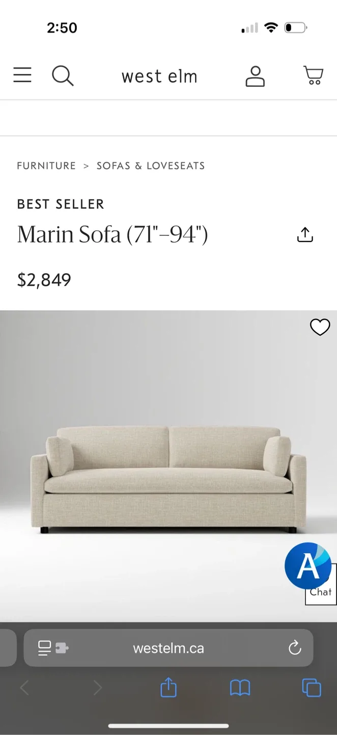 7 ft West Elm Marin Sofa ($2,849 + tax retail) thumbnail