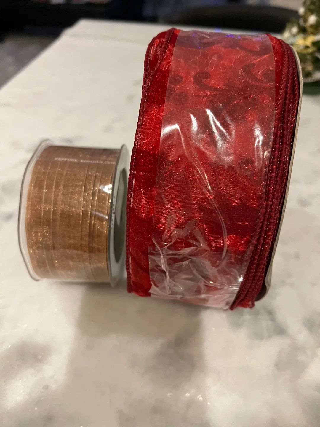 (2) NEW Red (50 yrds) & Gold Brown Wired Ribbon Set image indicator(5)