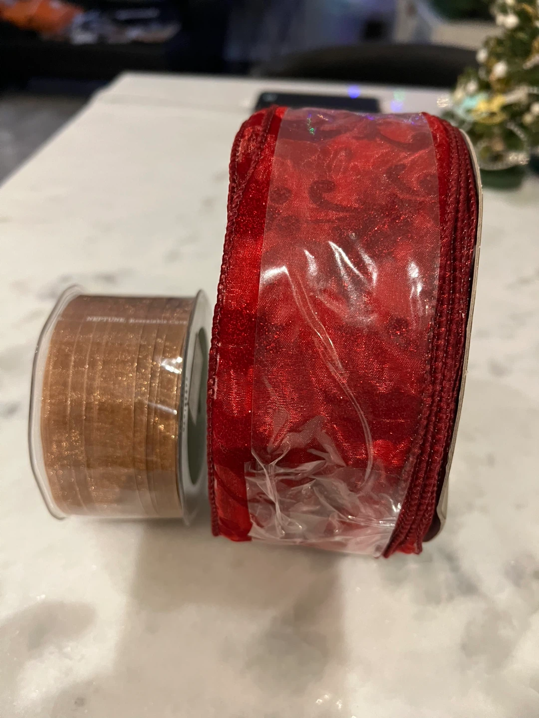 (2) NEW Red (50 yrds) & Gold Brown Wired Ribbon Set - photo 3