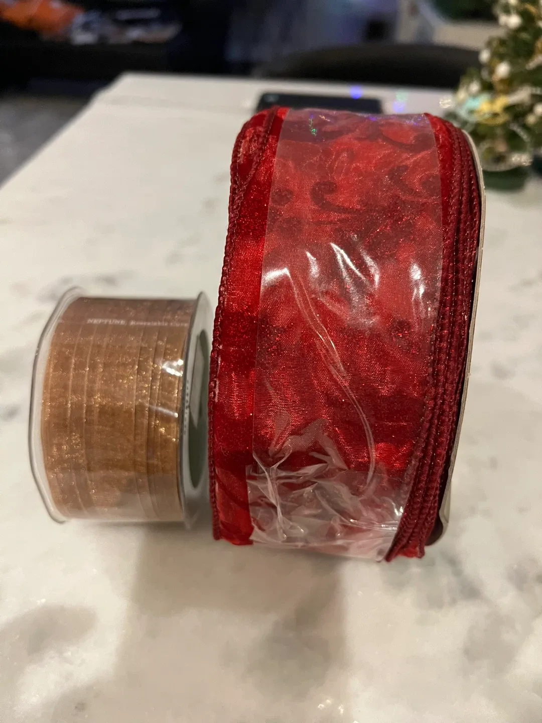(2) NEW Red (50 yrds) & Gold Brown Wired Ribbon Set image indicator(3)