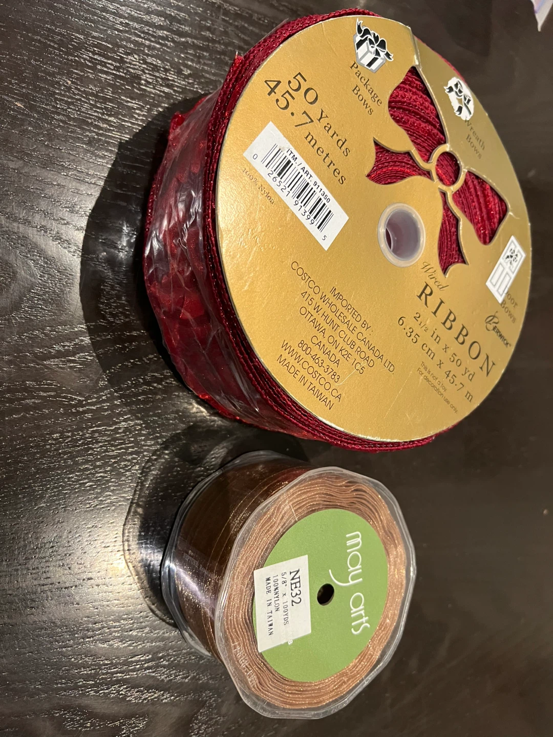 (2) NEW Red (50 yrds) & Gold Brown Wired Ribbon Set - photo 2