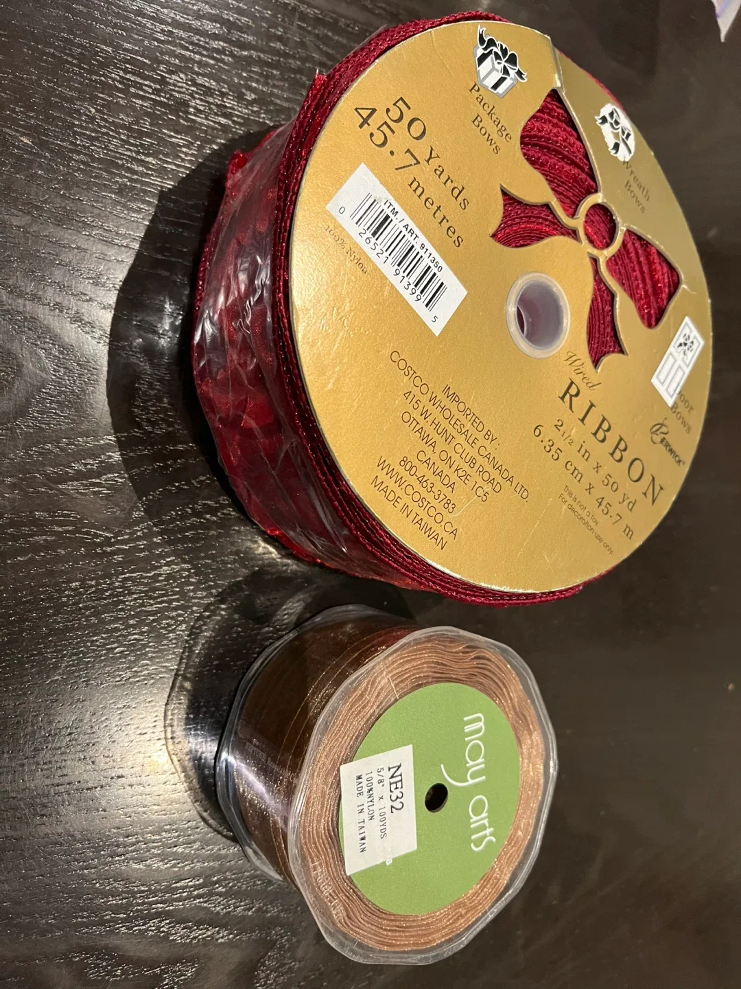 (2) NEW Red (50 yrds) & Gold Brown Wired Ribbon Set image indicator(2)