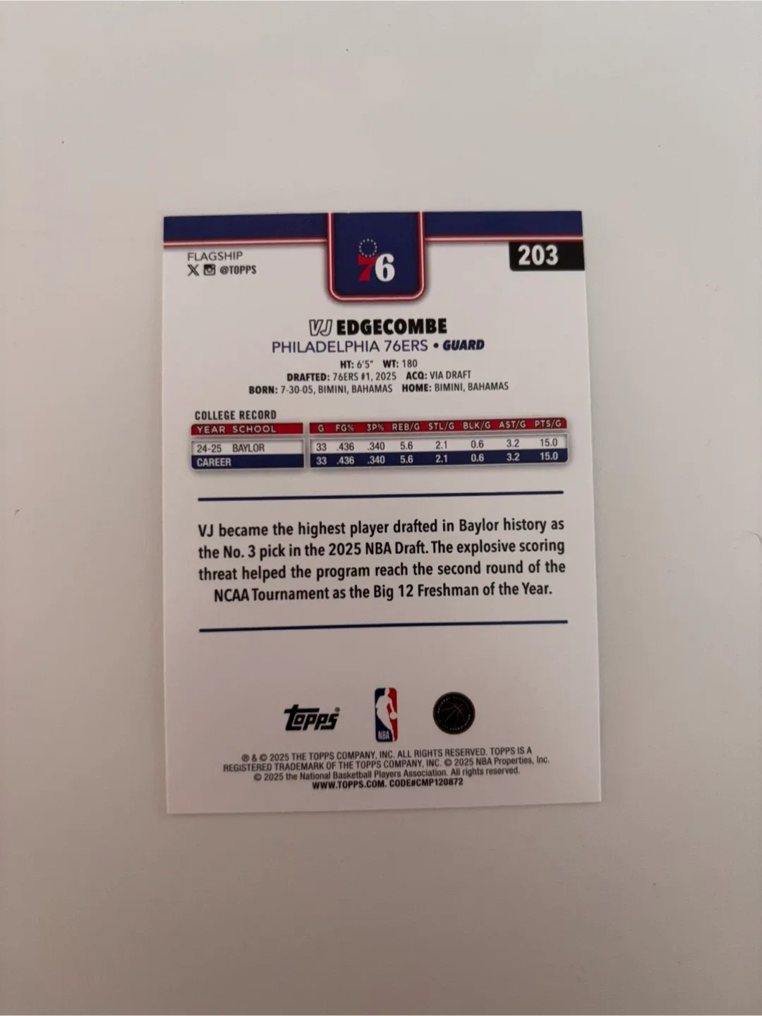 VJ Edgecombe Topps RC Basketball Card image indicator(2)