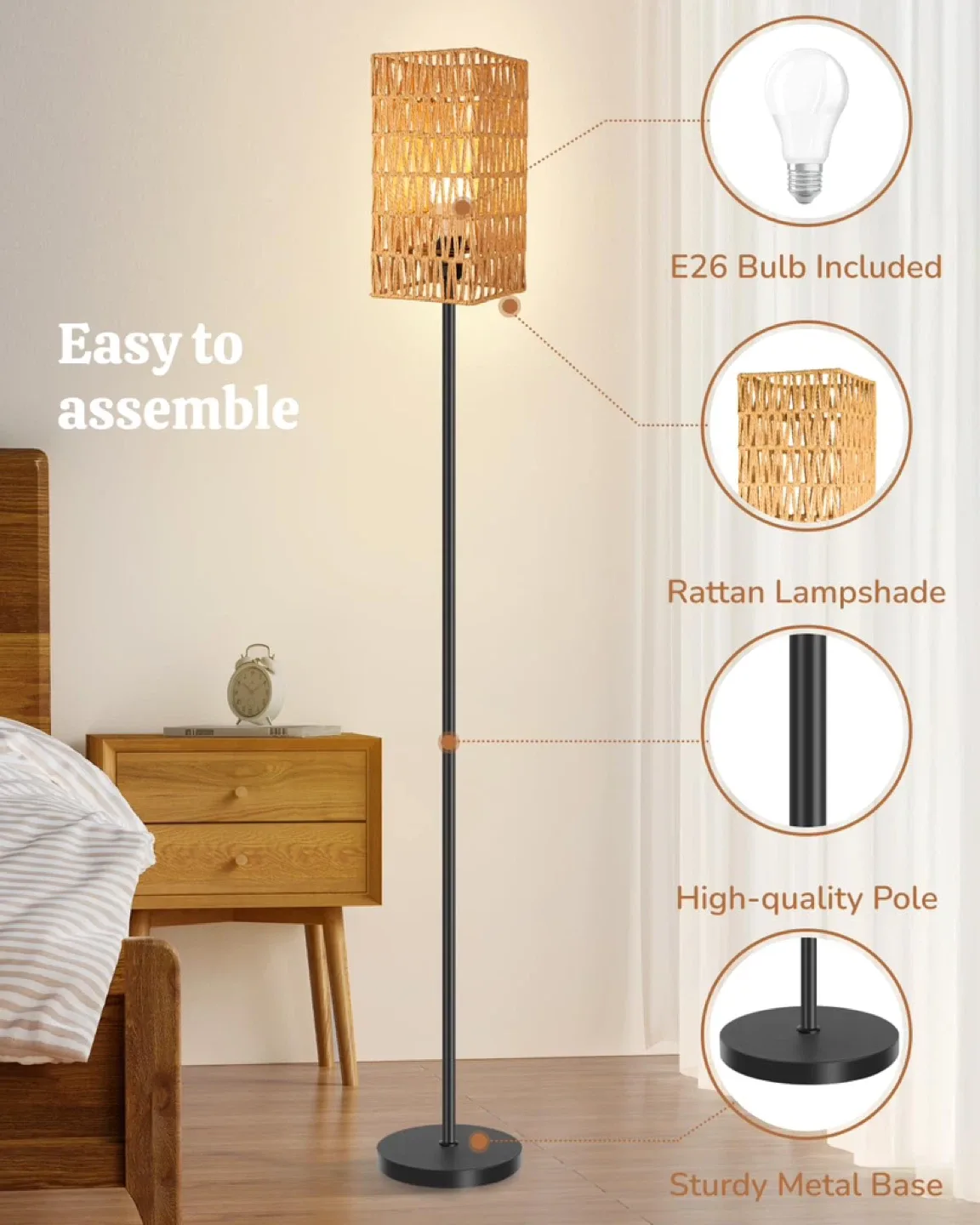 Rattan Floor Lamp for Living Room, 62" Tall Standing Lamp image indicator(5)