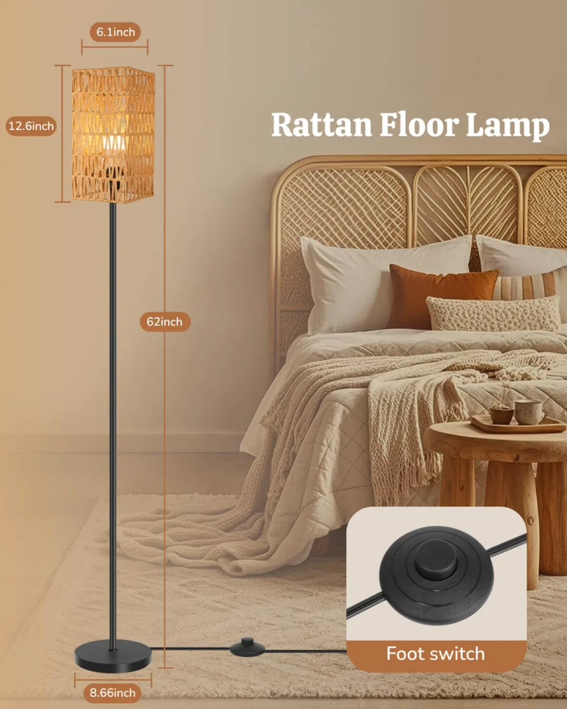 Rattan Floor Lamp for Living Room, 62" Tall Standing Lamp image indicator(4)