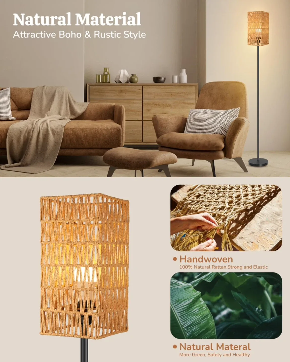 Rattan Floor Lamp for Living Room, 62" Tall Standing Lamp image indicator(6)