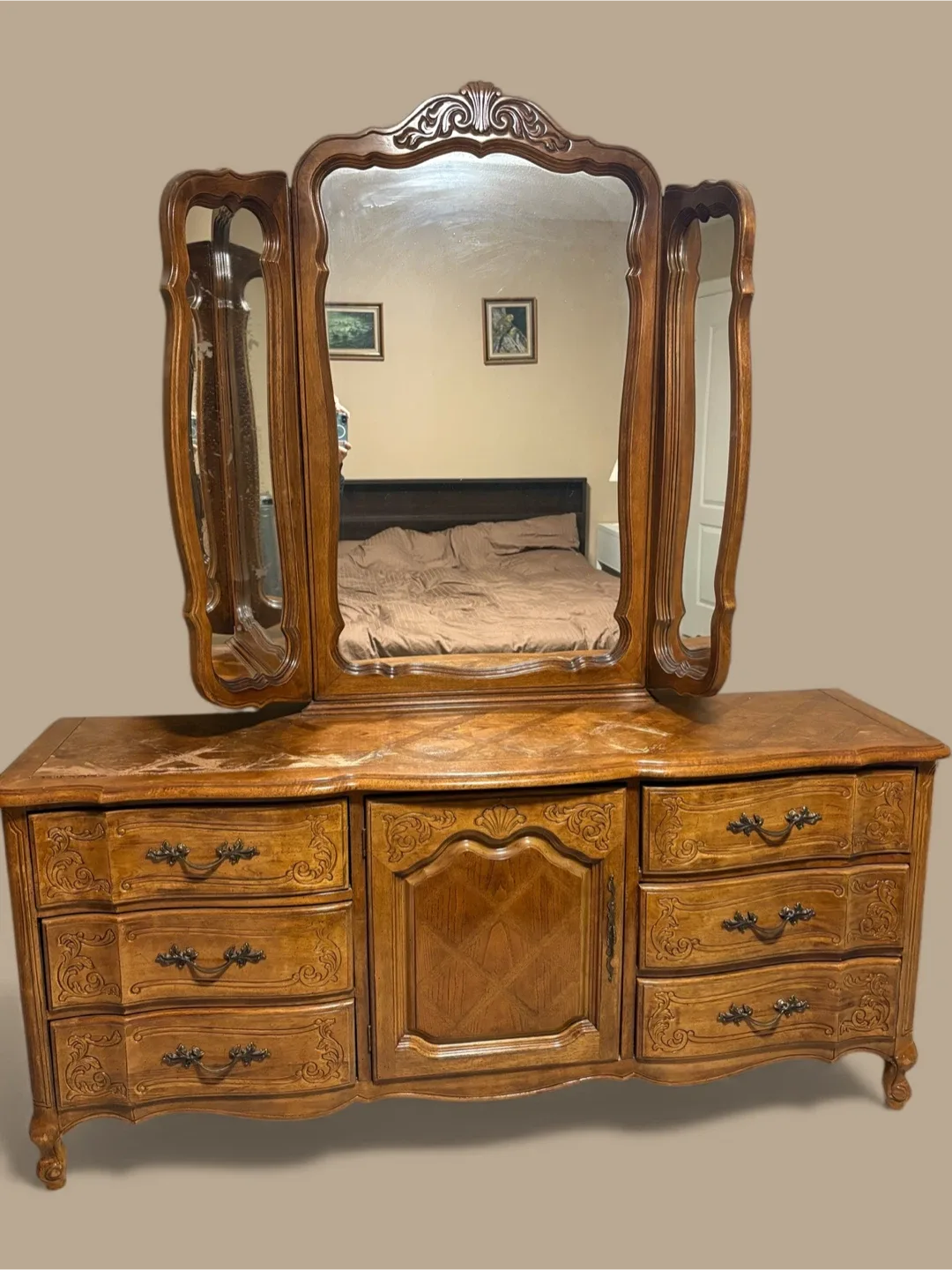 Vintage Wooden Vanity Dresser with Mirror