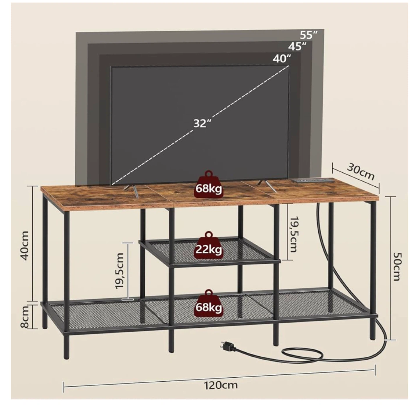 Rustic Brown TV Stand with Mesh Shelves