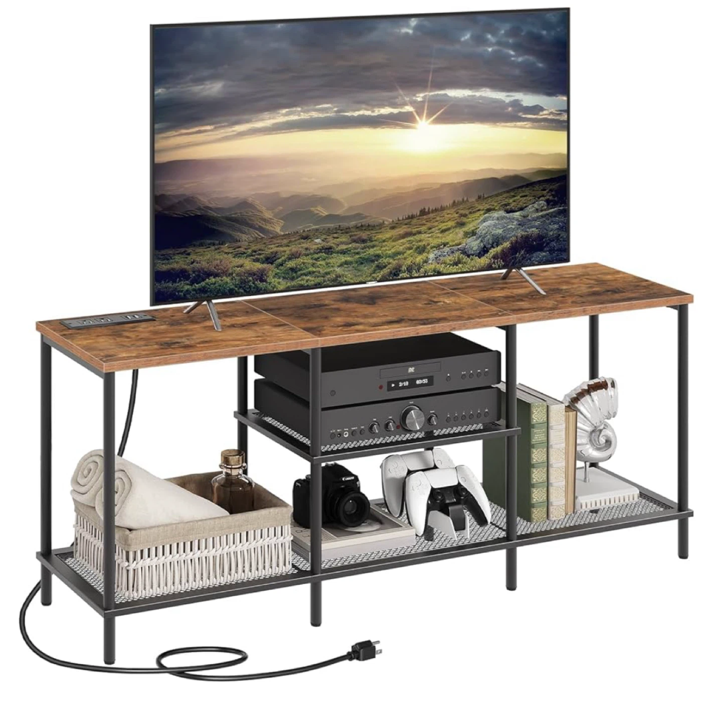 Rustic Brown TV Stand with Mesh Shelves - photo 4