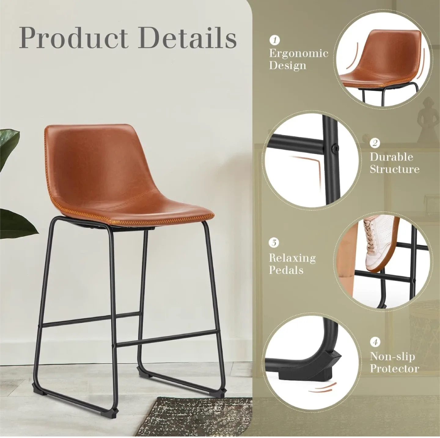 Brown PU Leather Bar Stool - 26 inch /set of 2 image indicator(2)