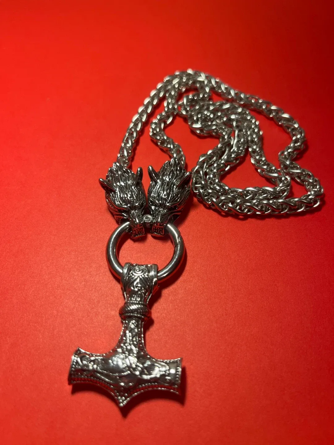 Thor's Hammer Wolf Head Silver Necklace thumbnail