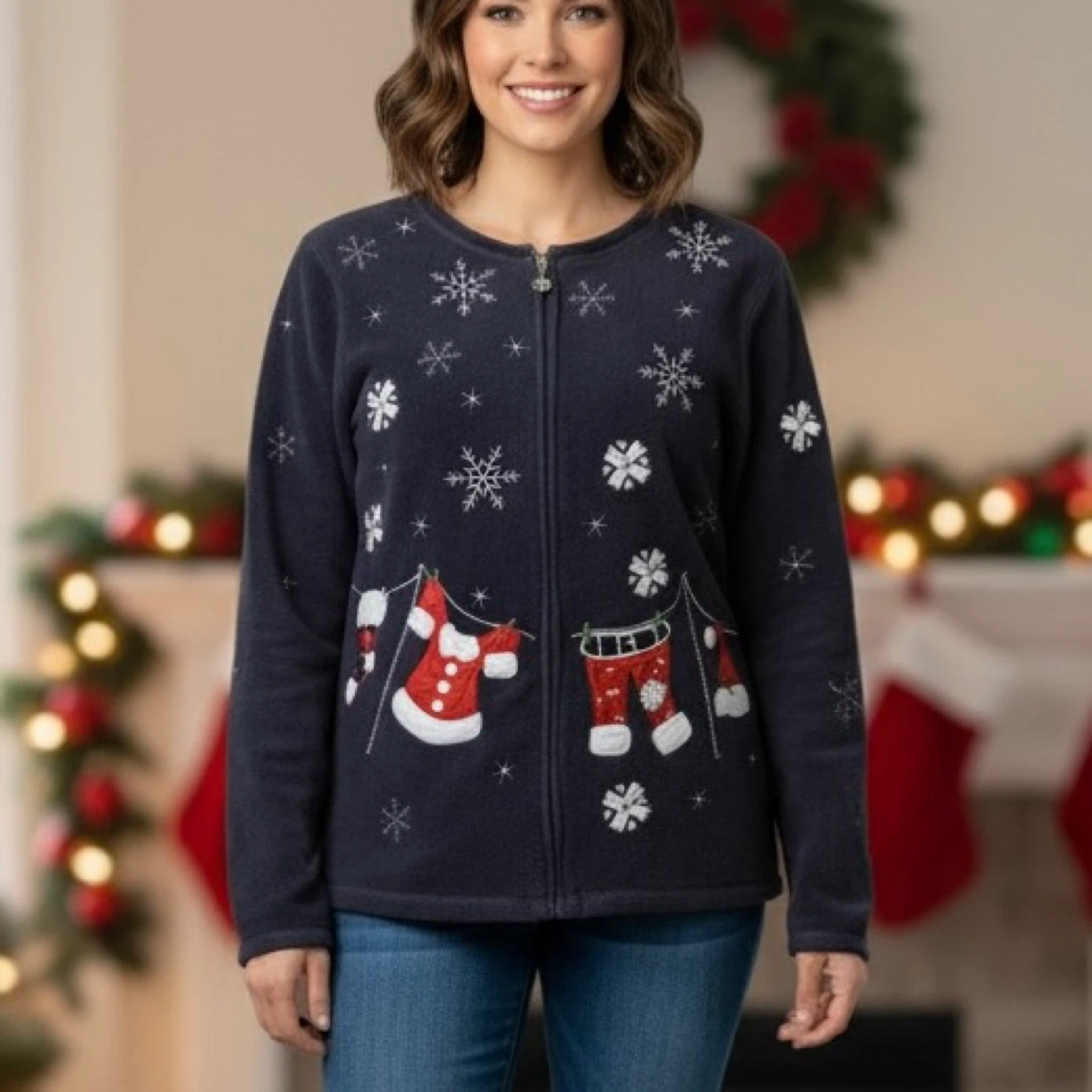 Denver Hayes Ugly Christmas Sweater Fleece Cardigan Sz XL