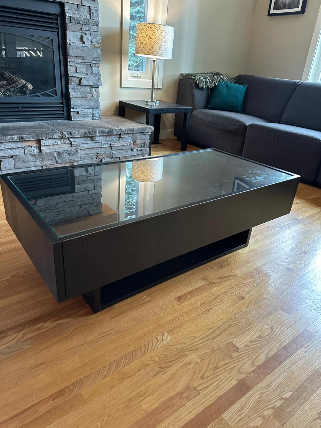 Black Coffee Table with Glass Top & Drawers