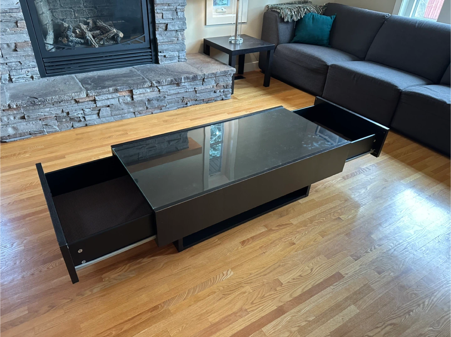 Black Coffee Table with Glass Top & Drawers - photo 2