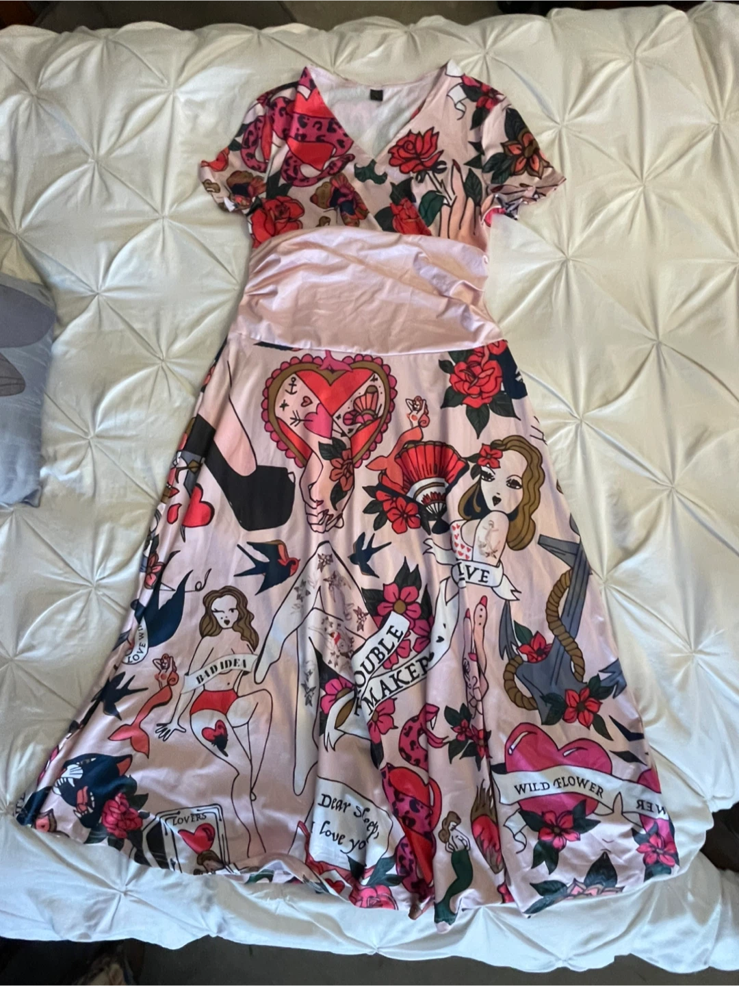 Shein Pink Floral Tattoo Print Dress - Size L