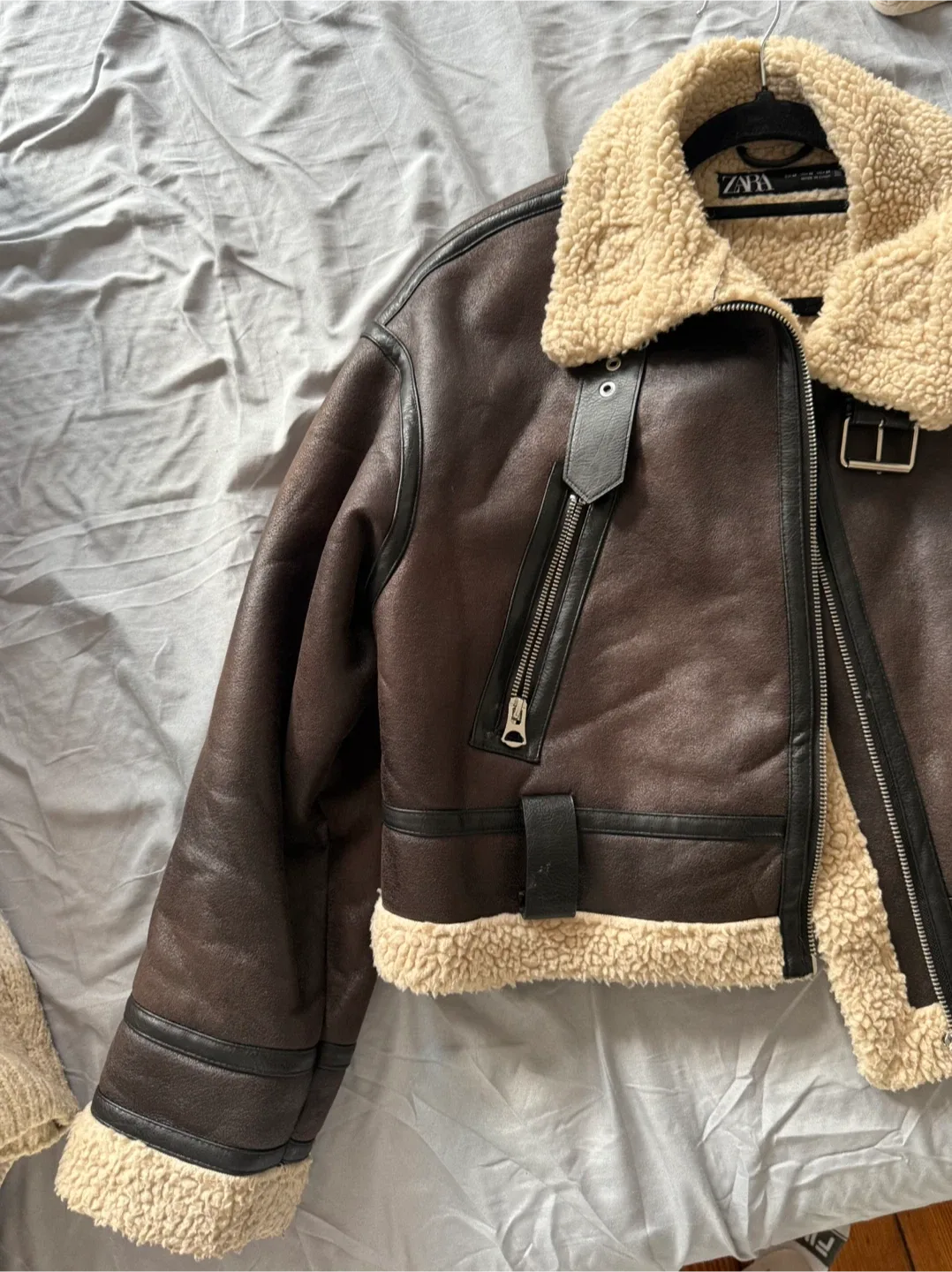 Zara Brown Faux Leather Aviator Jacket - Size M image indicator(2)