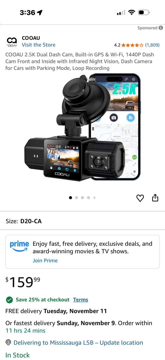 COOAU D20-CA Dual Dash Cam - Like New! image indicator(2)