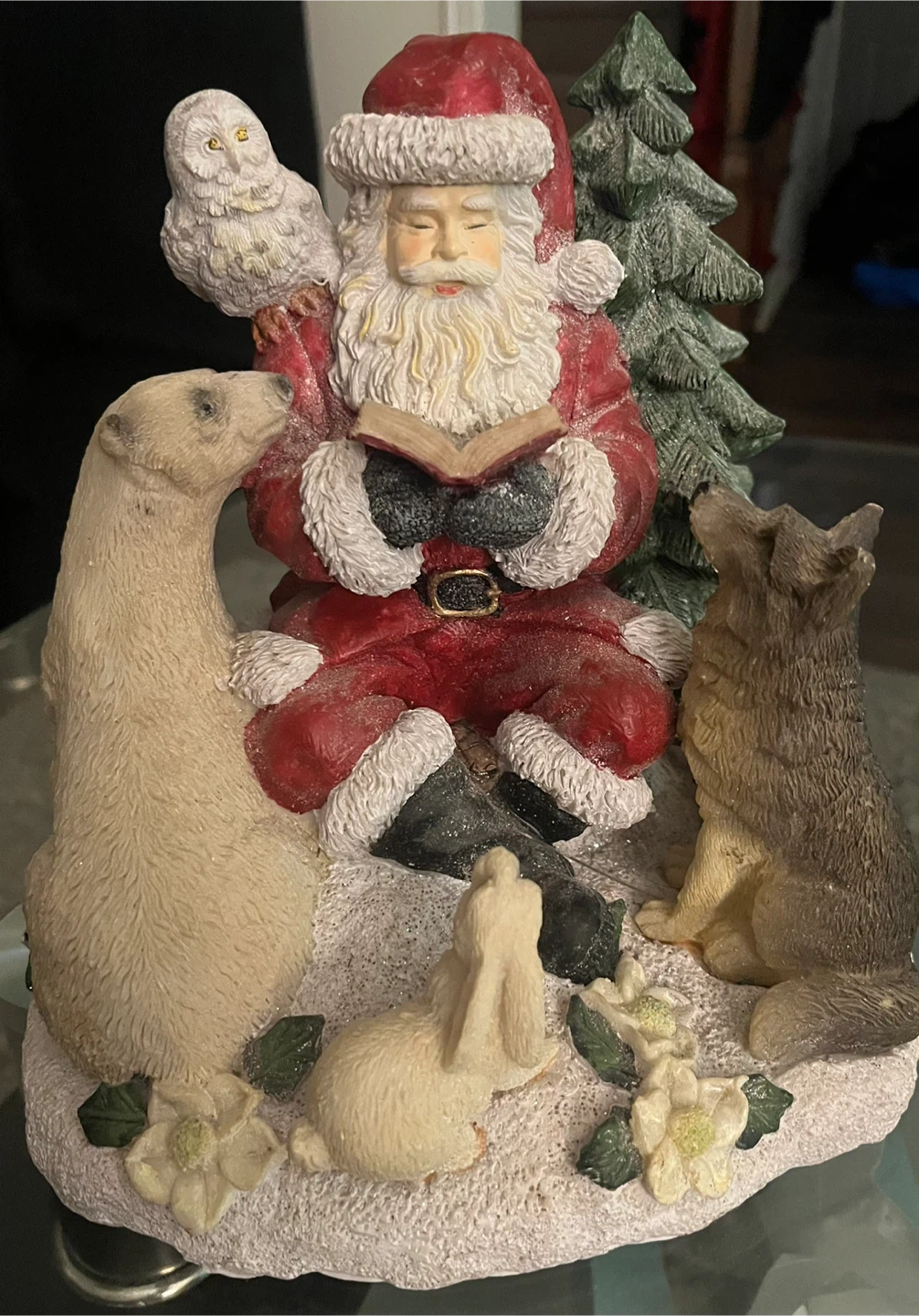 Santa Reading Book with Animals Figurine