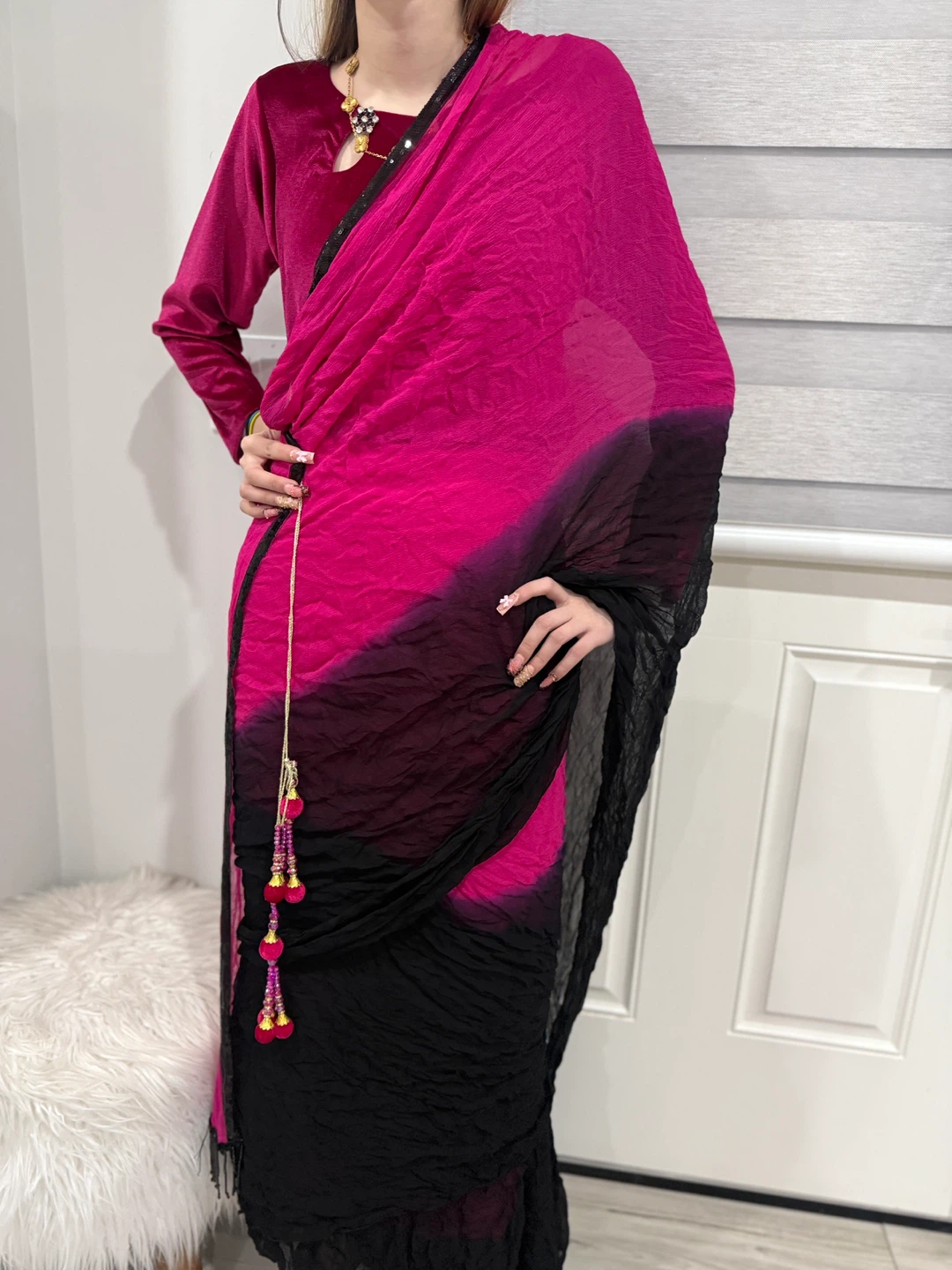 Pink Velvet Top & Saree