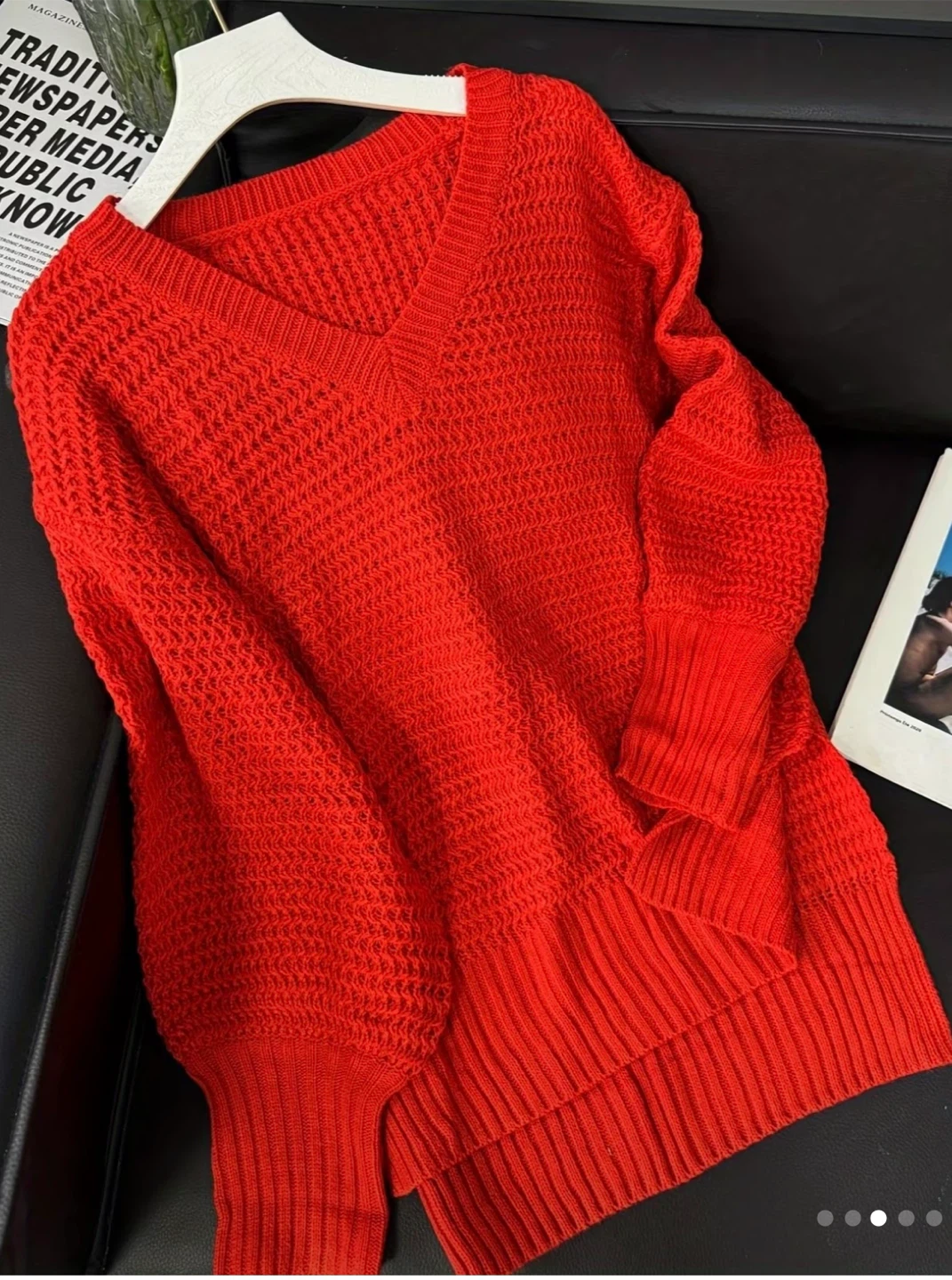 Red Knit V-Neck Sweater