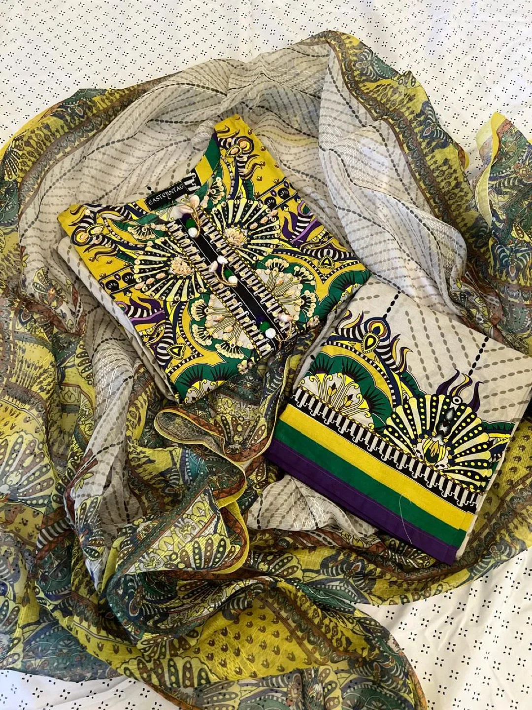 Eastern Tag 3 Pcs suit with bead work on neckline image indicator(2)