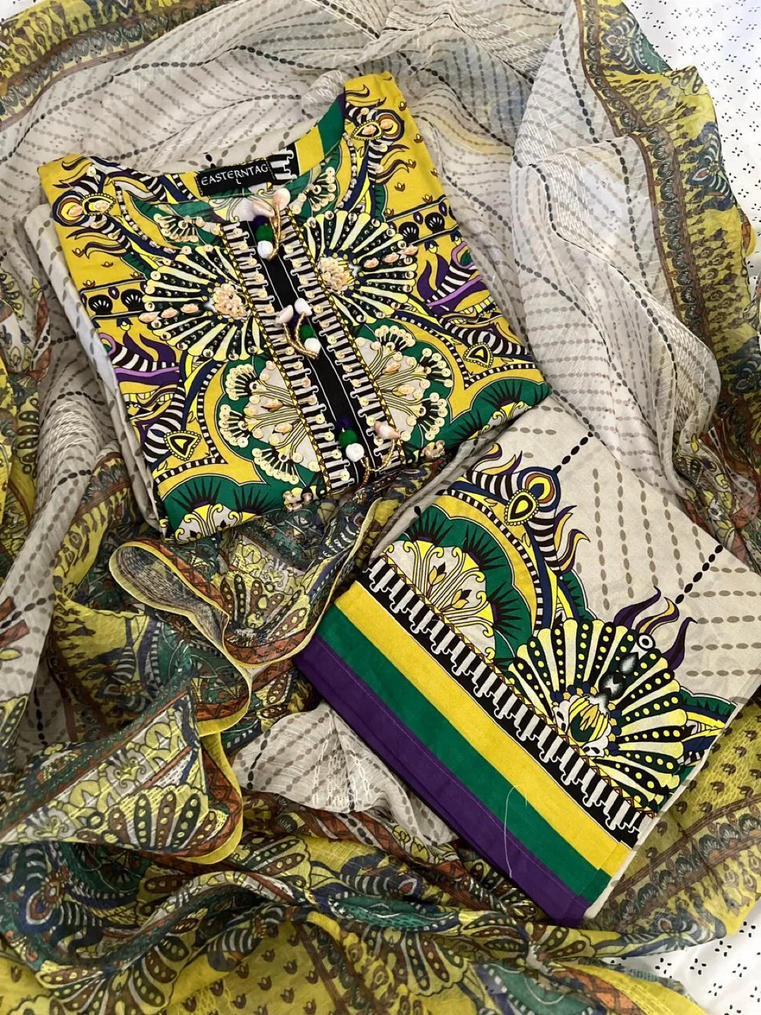 Eastern Tag 3 Pcs suit with bead work on neckline image indicator(9)