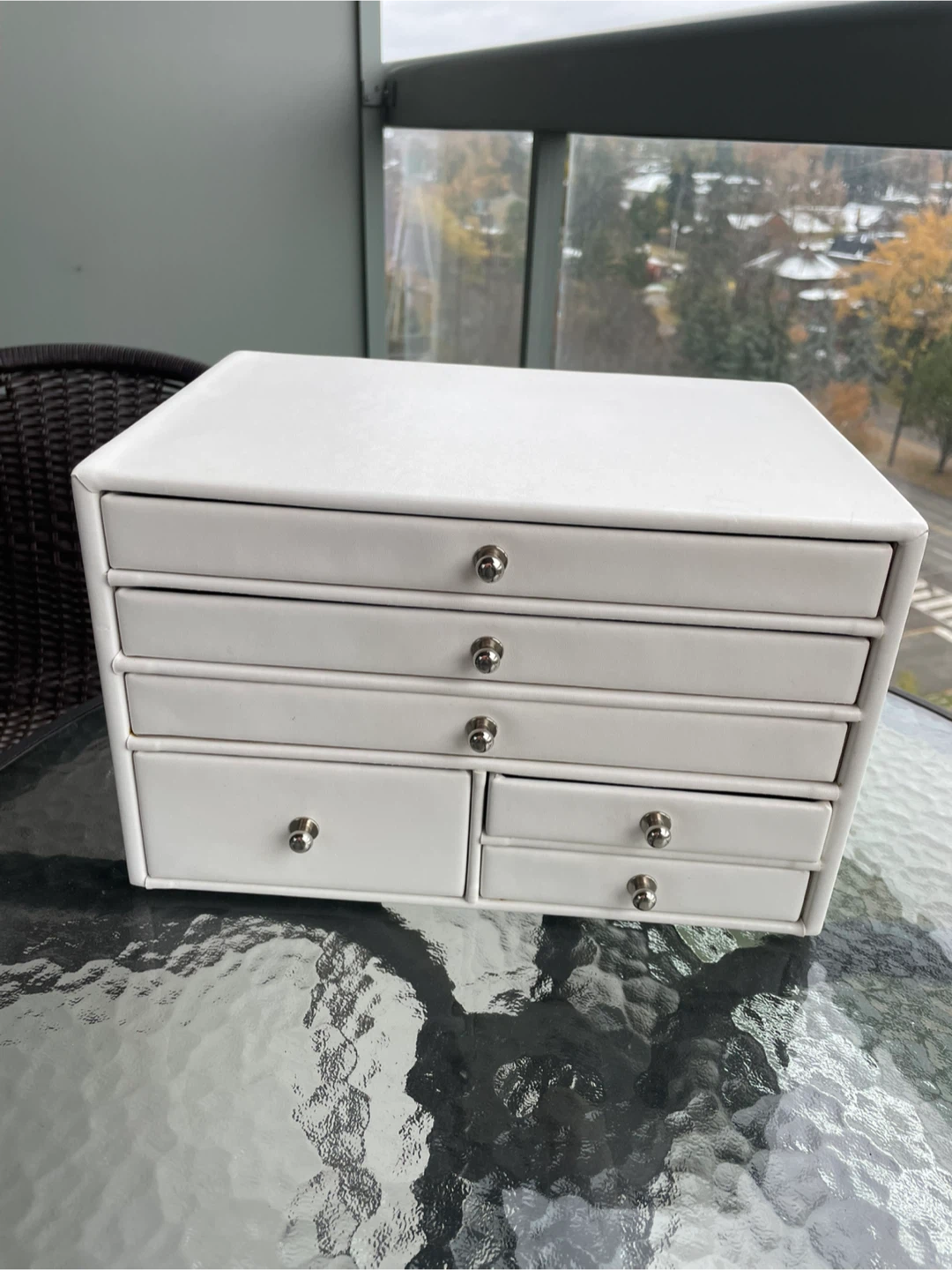 White Faux Leather Jewelry Box with Drawers
